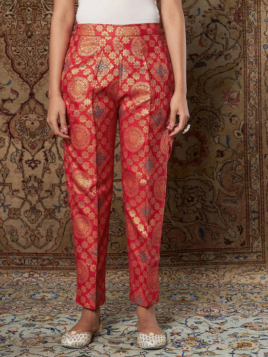 Women Red Large Indian Motif Brocade Shirt With Pants