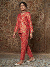 Women Red Large Indian Motif Brocade Shirt With Pants