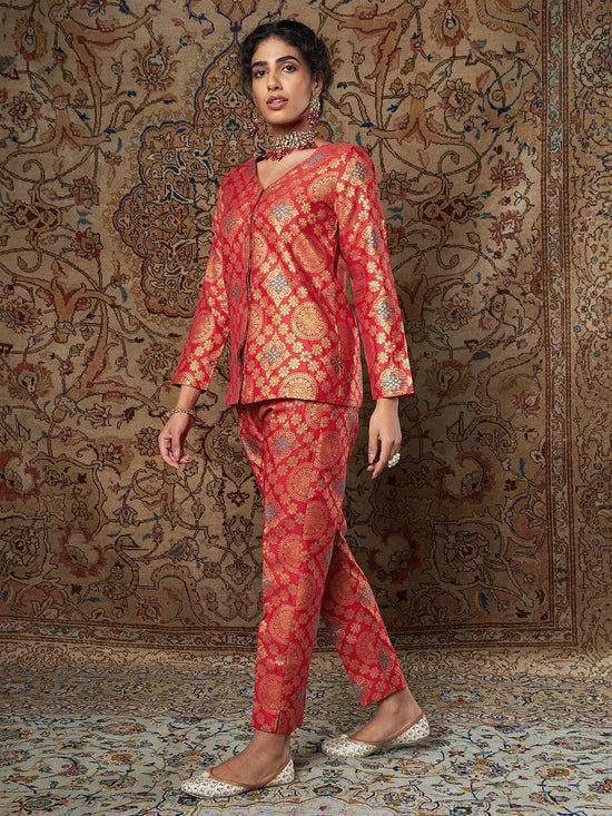 Women Red Large Indian Motif Brocade Shirt With Pants