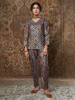 Women Navy Large Indian Motif Brocade Shirt With Pants