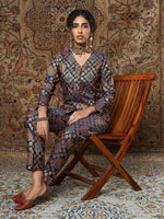 Women Navy Large Indian Motif Brocade Shirt With Pants