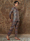 Women Navy Large Indian Motif Brocade Shirt With Pants