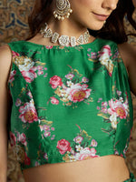 Women Green Chanderi Floral Crop Top With Anarkali Skirt