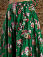 Women Green Chanderi Floral Crop Top With Anarkali Skirt