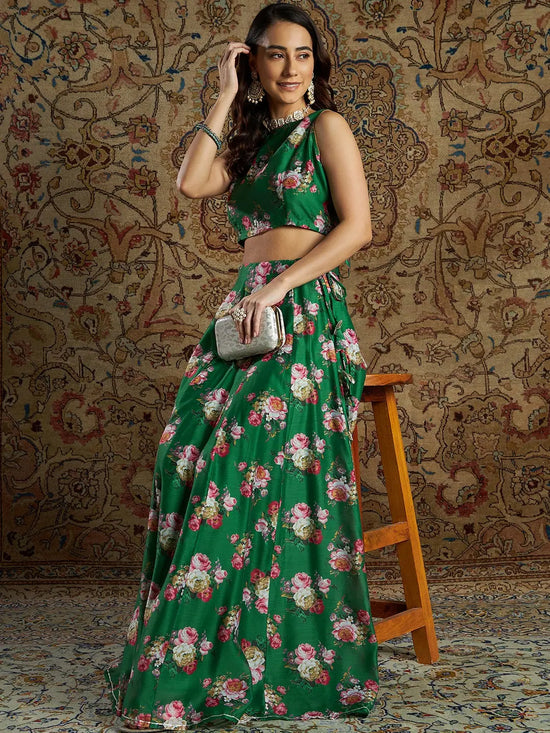 Women Green Chanderi Floral Crop Top With Anarkali Skirt