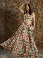 Women Peach Chanderi Floral Crop Top With Anarkali Skirt