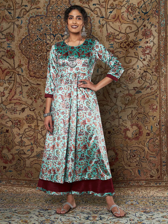 Women Sea Green Floral Velvet Kurta With Palazzo Pants