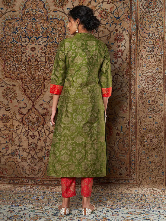 Women Green Brocade Floral Kurta With Orange Brocade Pants