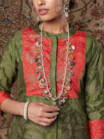 Women Green Brocade Floral Kurta With Orange Brocade Pants