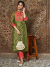 Women Green Brocade Floral Kurta With Orange Brocade Pants