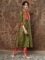 Women Green Brocade Floral Kurta With Orange Brocade Pants