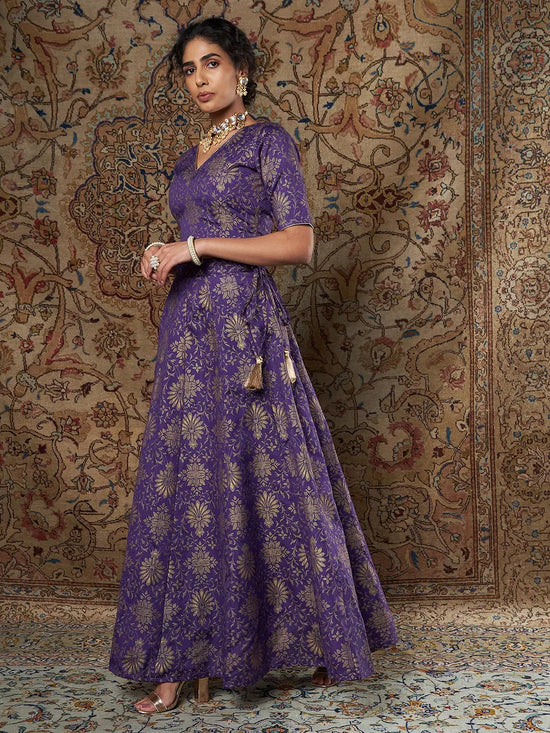 Women Purple Brocade Floral Crop Top With Aanrkali Skirt