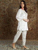 Women White Velvet Zari Short Kurta With Tulip Pants