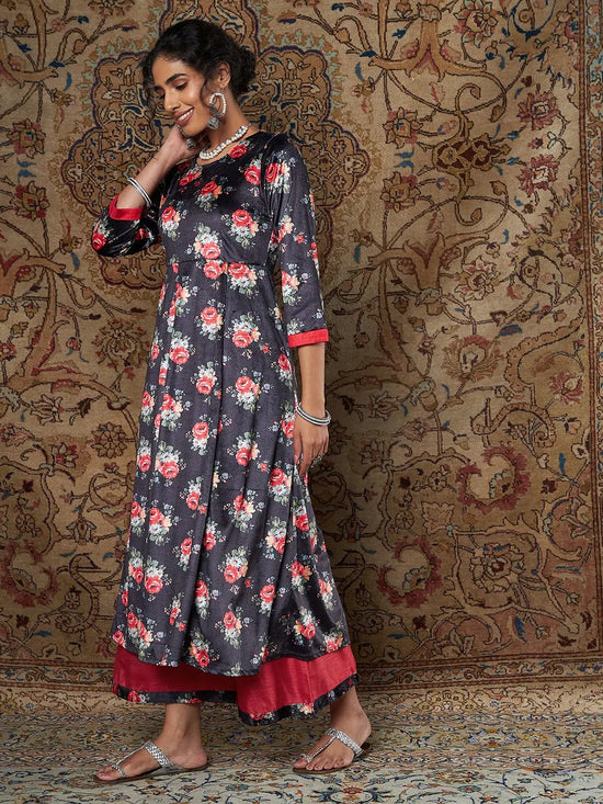 Women Navy Floral Velvet Kurta With Palazzo Pants