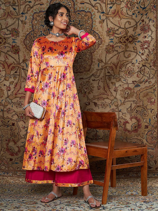 Women Orange Floral Velvet Kurta With Palazzo Pants