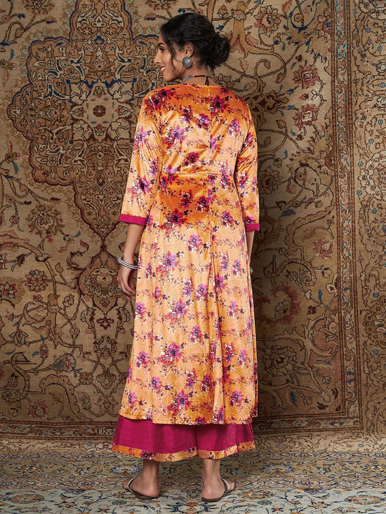 Women Orange Floral Velvet Kurta With Palazzo Pants