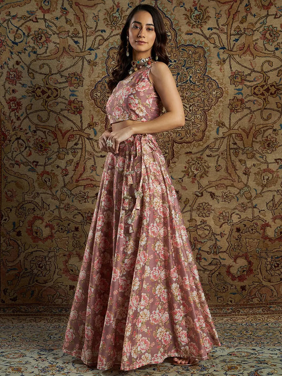 Women Mauve Chanderi Floral Crop Top With Anarkali Skirt