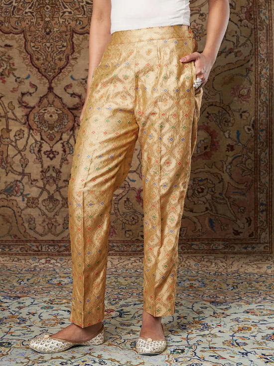 Women Golden Indian Motif Brocade Pants