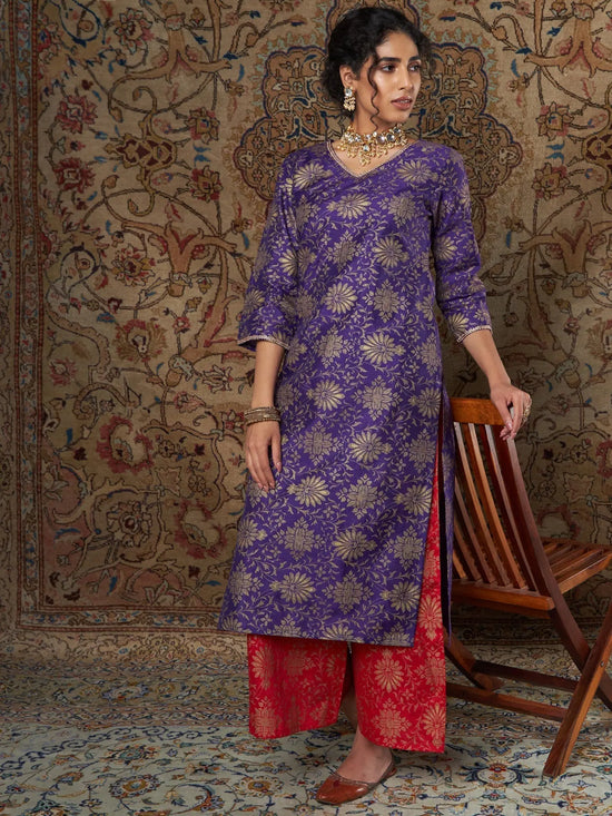 Women Purple Brocade Floral Kurta With Red Brocade Palazzo