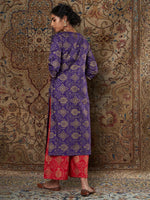 Women Purple Brocade Floral Kurta With Red Brocade Palazzo