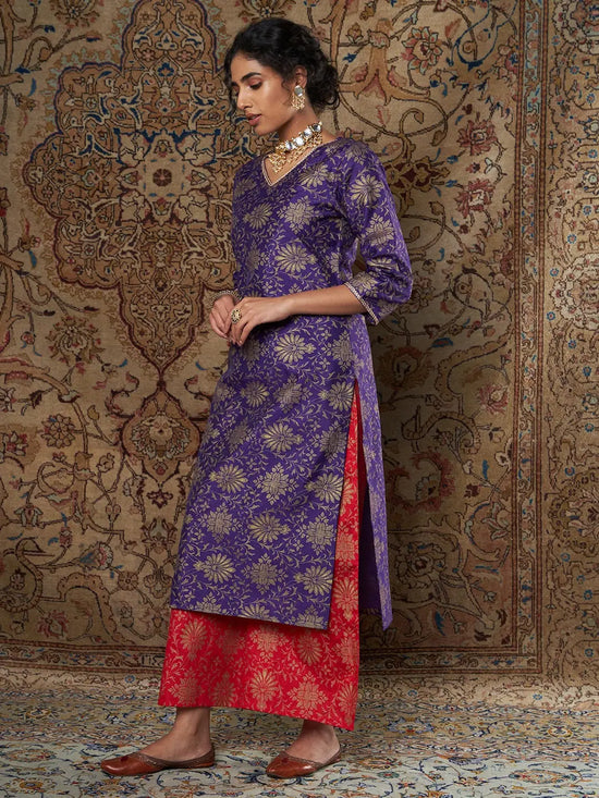 Women Purple Brocade Floral Kurta With Red Brocade Palazzo