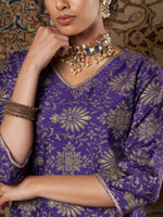 Women Purple Brocade Floral Kurta With Red Brocade Palazzo