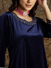 Women Navy Velvet Zari Kurta With Bell Bottom Pants