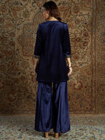 Women Navy Velvet Zari Kurta With Bell Bottom Pants