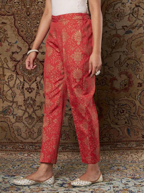 Women Orange Brocade Floral Pencil Pants