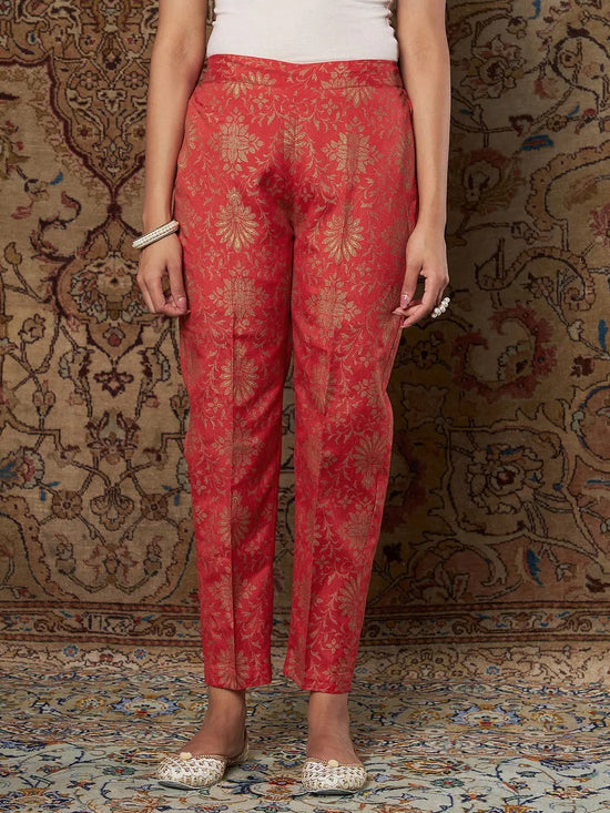 Women Orange Brocade Floral Pencil Pants