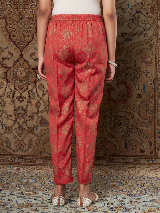 Women Orange Brocade Floral Pencil Pants