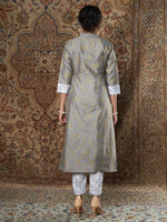 Women Grey Brocade Floral Kurta With White Brocade Pants