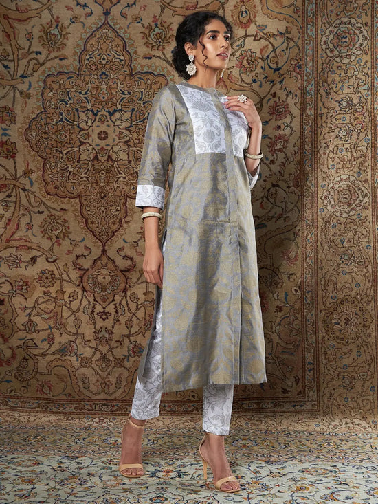 Women Grey Brocade Floral Kurta With White Brocade Pants