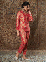 Women Red Large Indian Motif Brocade Pants