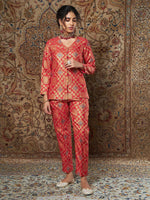 Women Red Large Indian Motif Brocade Pants