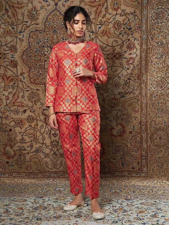 Women Red Large Indian Motif Brocade Pants