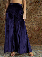 Women Navy Velvet Bell Bottom Pants