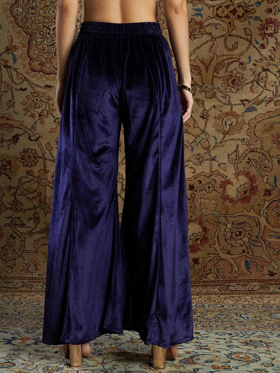 Women Navy Velvet Bell Bottom Pants