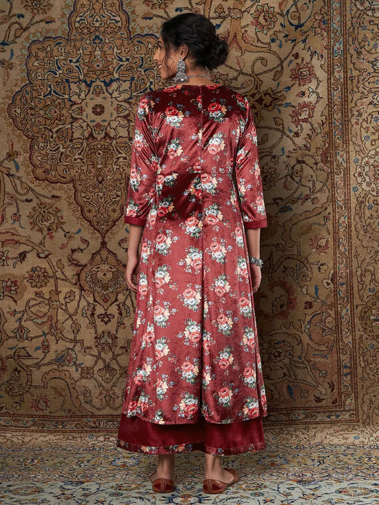 Women Maroon Floral Velvet Kurta With Palazzo Pants