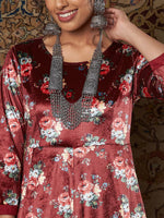 Women Maroon Floral Velvet Kurta With Palazzo Pants