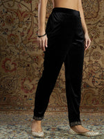 Women Black Velvet Zari Embroidered Pencil Pants