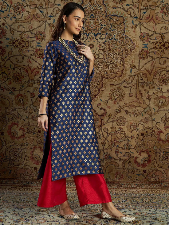 Women Navy Geometric Booti Brocade Straight Kurta