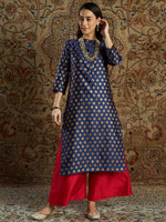 Women Navy Geometric Booti Brocade Straight Kurta