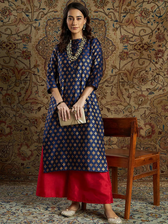 Women Navy Geometric Booti Brocade Straight Kurta