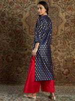 Women Navy Geometric Booti Brocade Straight Kurta