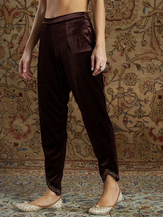 Women Brown Velvet Zari Embroidered Tulip Pants