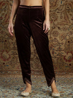 Women Brown Velvet Zari Embroidered Tulip Pants