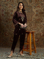 Women Brown Velvet Zari Short Kurta With Tulip Pants