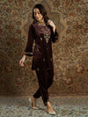 Women Brown Velvet Zari Short Kurta With Tulip Pants