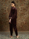 Women Brown Velvet Zari Short Kurta With Tulip Pants